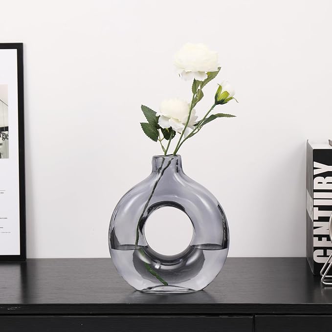 Glass Donut Vase, Grey Glass Vase, Flower Vase, Decorative Vase, Modern Vase, Round Glass Vases for Home, Living Room, Dining Table, Entryway, Mantle, Shelf, Wedding, Office, Coffee Table