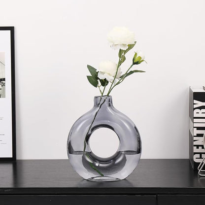 Glass Donut Vase, Grey Glass Vase, Flower Vase, Decorative Vase, Modern Vase, Round Glass Vases for Home, Living Room, Dining Table, Entryway, Mantle, Shelf, Wedding, Office, Coffee Table