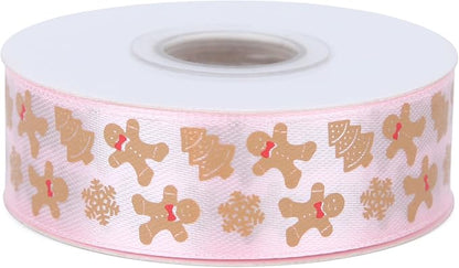 Gingerbread with Candy Canvas Ribbon 7/8 Inch 20 Yards Pink White Merry Christmas Candy Cane Fabric Craft Ribbon Wrapping Wreath Bow DIY Crafts Supplies (Pink Gingerbread)