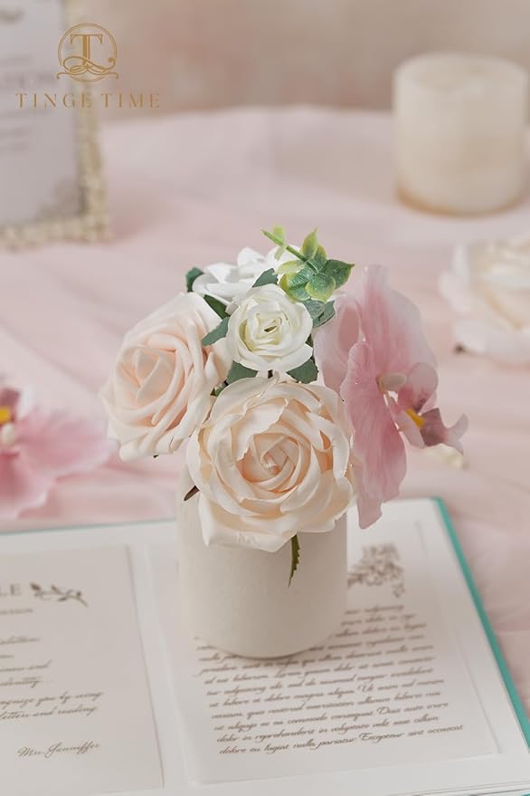 TINGE TIME Artificial Flowers Combo Mix Silk Flowers Pink Roses w/stem for DIY Wedding Bridal Bouquets Baby Shower Floral Arrangement Table Centerpieces Home Decorations (Dusty Rose & Champange)