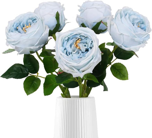 IPOPU Blue Roses Artificial Flowers 5PCS Real Touch Peonies Faux Austin Roses with Stems for Wedding Bouquet Party Home Decor (Blue)