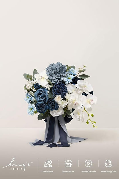 Ling's moment Navy Blue Bridal Bouquet, 13 Inch Wedding Bouquets for Bride, Silk Free Form Bridal Bouquets for Wedding, Ceremony, Anniversary, etc.
