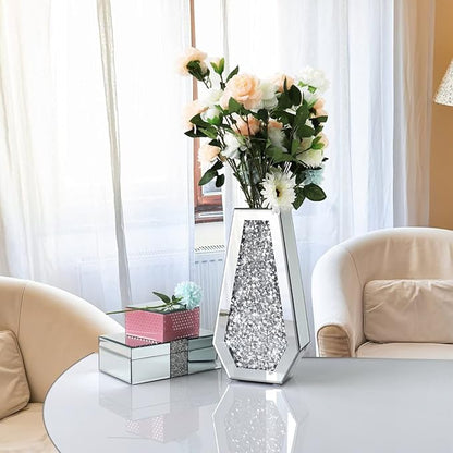 Flower Vase Crushed Diamond Mirrored Vase Crystal Silver Glass Decorative Mirror Vase Large Size Luxury for Home Decor. Diamond Shape Thickened. Can’t Hold Water.