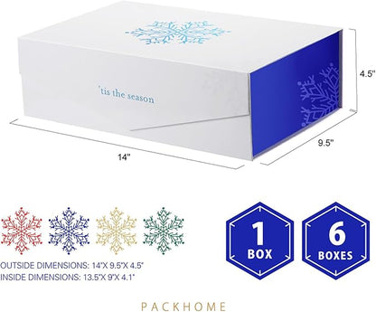 PACKHOME 6 Large Christmas Gift Boxes with Lids 13.5x9x4.1 Inches, Sturdy Collapsible Gift Boxes with Magnetic Closure (Blue Snowflake Pattern)