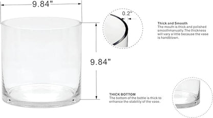 10" Wide 10" Tall Large Hand Blown Sturdy Clear Cylinder Glass Vase, Centerpiece Flower Vase for Rose, Tulip, Boquets, Hurricane Candle Holder (1, 10"x10")