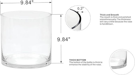 10" Wide 10" Tall Large Hand Blown Sturdy Clear Cylinder Glass Vase, Centerpiece Flower Vase for Rose, Tulip, Boquets, Hurricane Candle Holder (1, 10"x10")