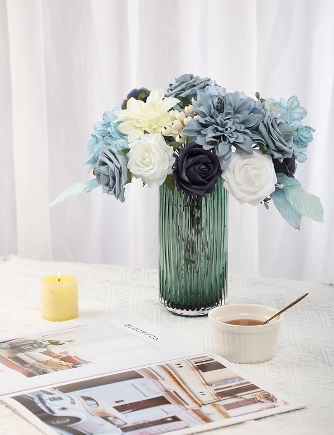 Multi Use Dusty Blue White Artificial Flowers Combo for DIY Centerpieces Arrangements Wedding Bridal Bouquet Table Chair Decor Candle Holder Baby Shower Cake Decor Flower Strips Home Décor