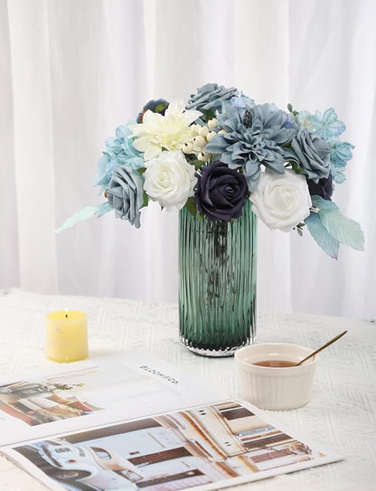 Multi Use Dusty Blue White Artificial Flowers Combo for DIY Centerpieces Arrangements Wedding Bridal Bouquet Table Chair Decor Candle Holder Baby Shower Cake Decor Flower Strips Home Décor