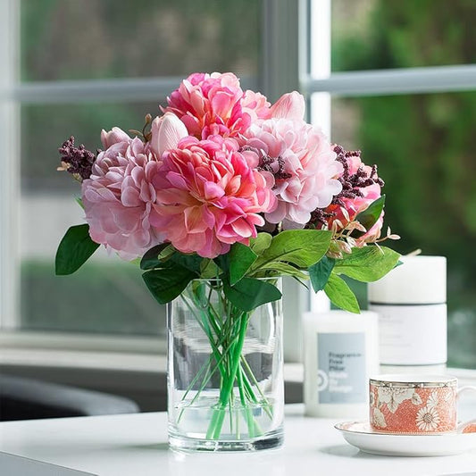 ENOVA FLORAL Tulip Real Touch Artificial Flower Arrangement with Vase, Mixed Dahlia Silk Flower in Vase for Dining Table Decorations, Wedding Centerpiece (Pink)