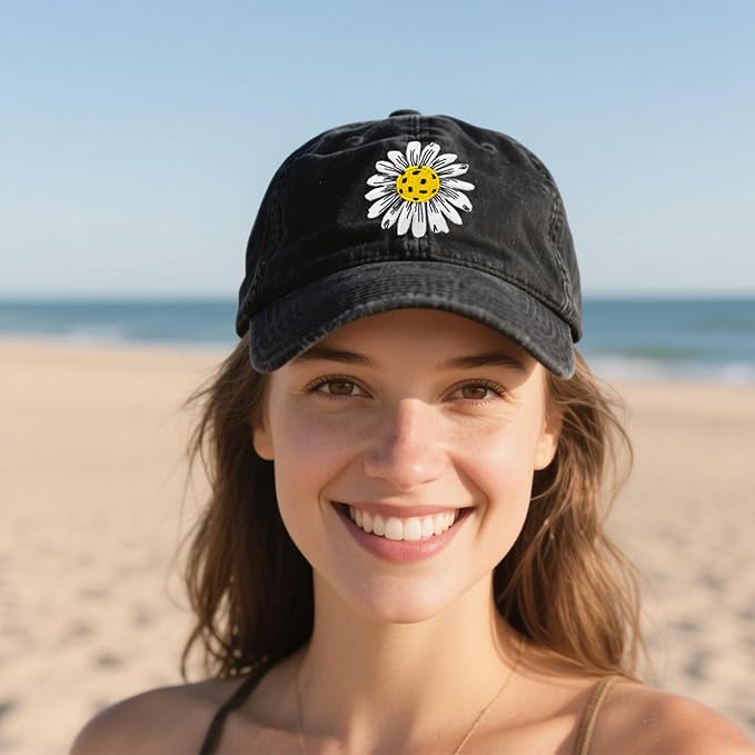 Waldeal Pickleball Hat for Women, Ajustable Embroidered Daisy Washed Denim Baseball Cap