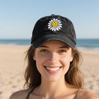 Waldeal Pickleball Hat for Women, Ajustable Embroidered Daisy Washed Denim Baseball Cap