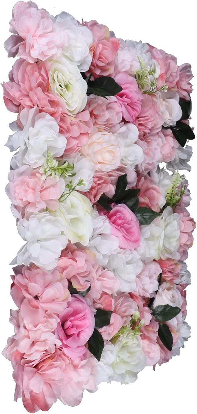 12Pcs 15.75" x 23.62x 0.79 Artificial Flower Wall Panels,Flower Wall Mat Silk Flower Panels for Outdoor Garden Backyard Fence Fence Privacy Screen and Indoor Wall Decor(12Pcs White+Pink)