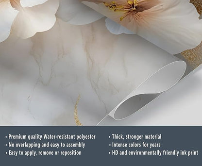 White Flowers Marble Wall Mural, Luxury Floral 3D Wall Murals, Elegant Gold Leaf Design Wallpaper Mural, for Living Room Bedroom Large Wallpaper Indoor Decor 169.3" W x118.2 H