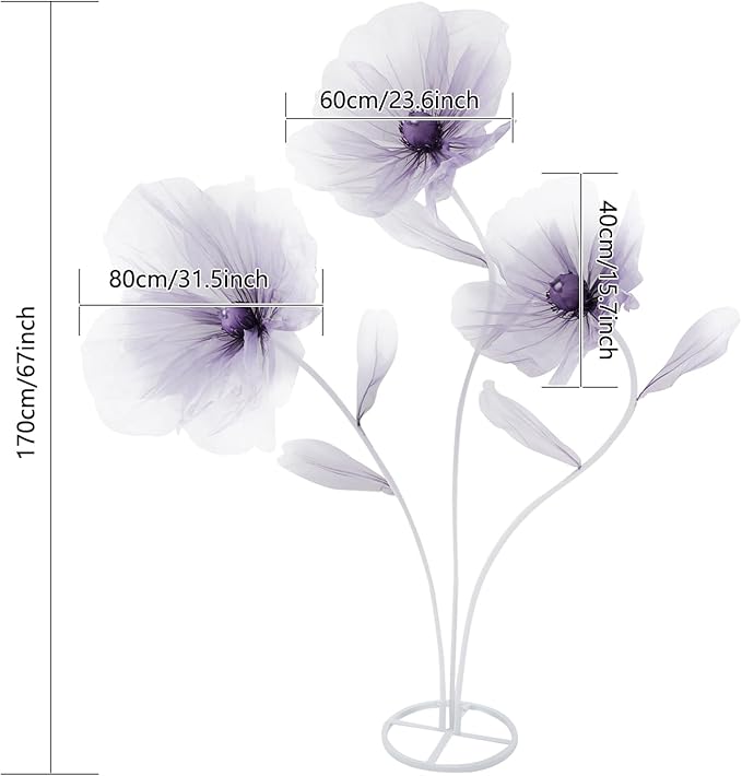 Large Giant Flowers Wedding, 3-Head Fake Flowers with Standing Stems and Base, 5.6 Ft Tall Artificial Silk Flower Large Fake Flower, Wedding Reception Banquet Background Home Decor (Purple)