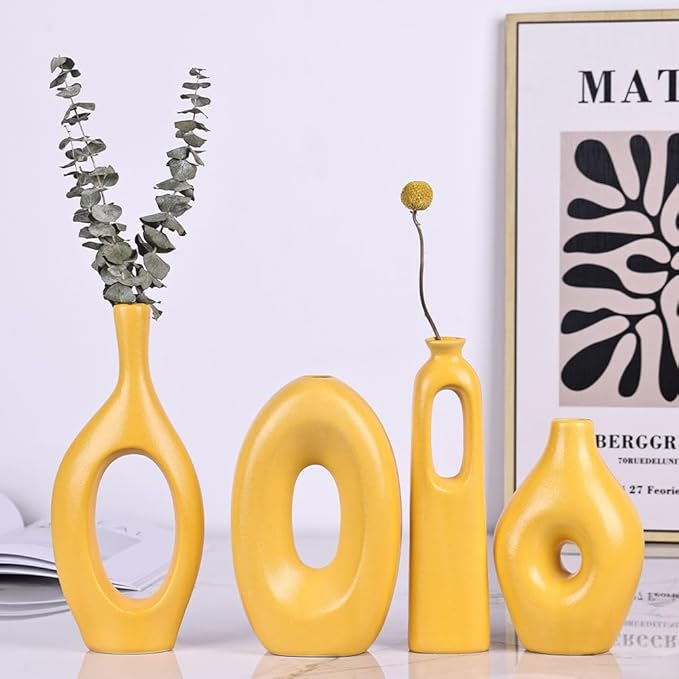 Yellow Vases Home Decor - 4-Piece Round Hollow Boho Yellow Ceramic Vase for Pampas Grass Decor, Modern Small Flower Vases for Living Room, Dining Table, Office, Wedding, Fireplace Decor