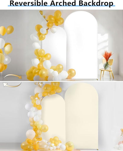 Hemmotop White and Beige Wedding Arch Backdrop Cover, Set of 2 (7.2ft, 6ft), 2 Sided Stretchy Spandex Fitted Balloon Arch Stand Backdrop for Birthday Party, Baby Shower, Double Color