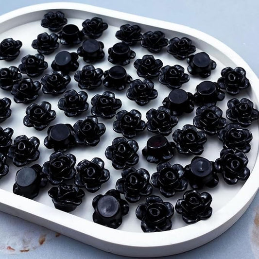 200pcs Acrylic Rose Flower Beads Candy Color Flat Back Spacer Beads Loose Pastel Colorful Decor for DIY Crafts Jewelry Making Bracelet Necklace Earrings(Black)