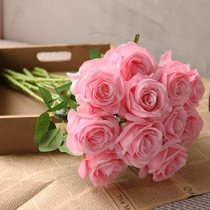 Nubry Artificial Silk Rose Flower Bouquet Lifelike Fake Rose for Wedding Home Party Decoration Event Gift 10pcs (Pink)