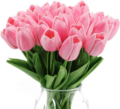 IPOPU Pink Tulips Artificial Flowers 24PCS Real Touch Tulips Flowers Fake Pink Tulips Faux Flowers for Home Decoration Wedding Bouquet Party Baby Shower Centerpieces Bridal Bouquet Decor
