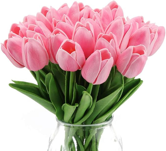 IPOPU Pink Tulips Artificial Flowers 24PCS Real Touch Tulips Flowers Fake Pink Tulips Faux Flowers for Home Decoration Wedding Bouquet Party Baby Shower Centerpieces Bridal Bouquet Decor