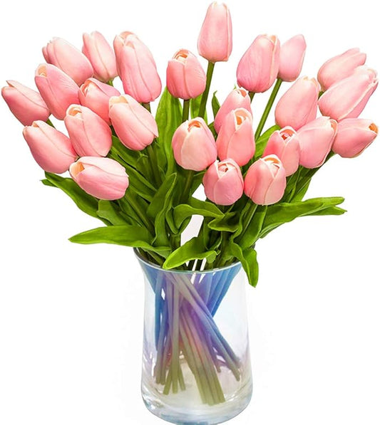 30pcs Artificial Tulips Flowers Real Touch Pink Tulips Fake Holland PU Tulip Bouquet Latex Flowers for Wedding Party Office Home Kitchen Decoration (Pink)