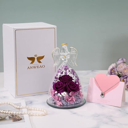 ANWEAO Christmas Flower Gifts for Mom,Angel Rose Gifts for Women,Glass Angel Figurine with Preserved Three Purple Roses,Forever Flowers Women Christmas Birthday Gifts for Mom Grandma Wife Her Friend