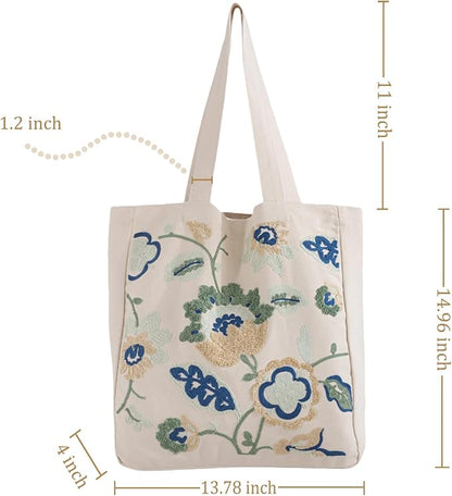 Aesthetic Embroidery Tote Bag for Lady Cute Reusable Canvas Shoulder Bag for Girls Women Shopping Grocery