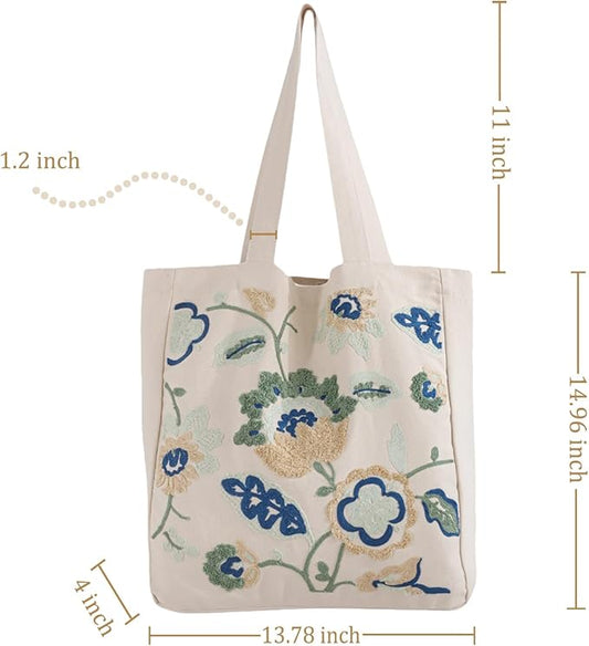 Aesthetic Embroidery Tote Bag for Lady Cute Reusable Canvas Shoulder Bag for Girls Women Shopping Grocery