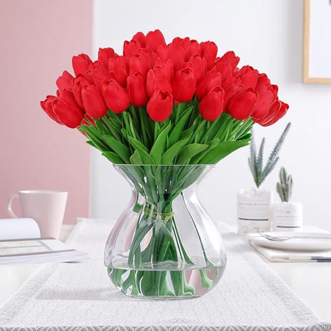 30 Pcs Fake Latex Tulips Artificial Flowers Faux Tulip Stems Real Touch Tulips for Wedding Party Home Decoration (Red)