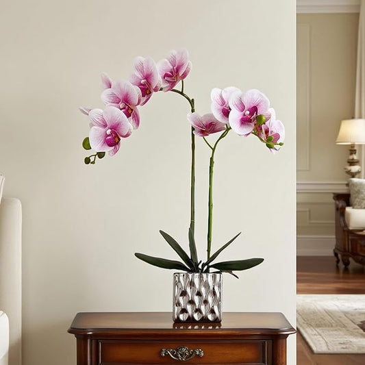 Artificial Orchid with Silver Vase, 20 Inch Purple Heart White Flowers, Indoor Home Decor