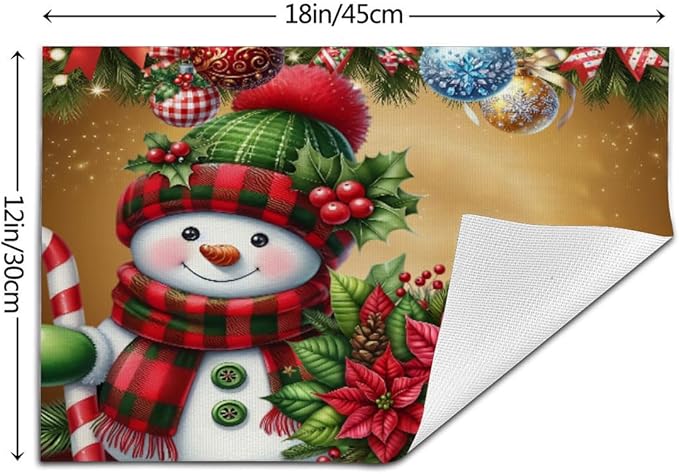 PVC Placemats Set of 1 Wipeable Table Mats Washable Heat Resistant Non Slip Vinyl Dining Table Mat for Kitchen Indoor Outdoor Patio Farmhouse Place Mats Christmas Ball Poinsettia Snowman Decorative