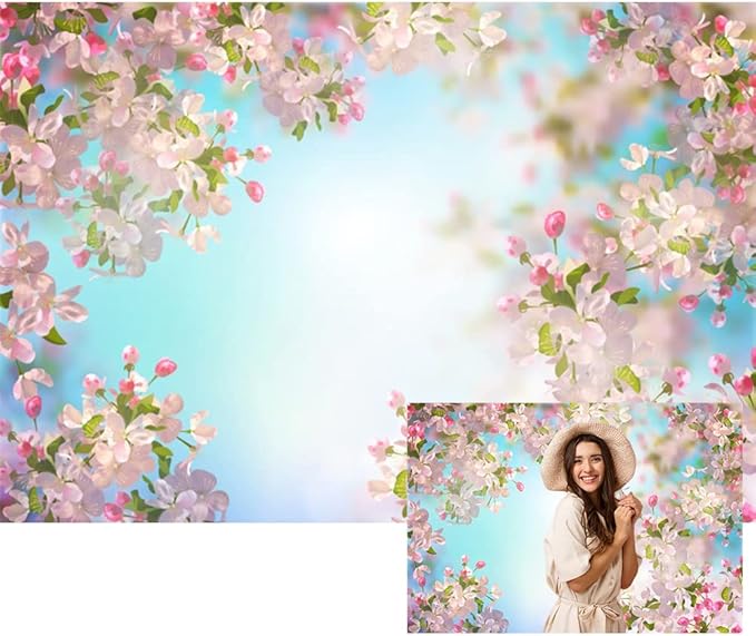 Renaiss 10x7ft Pink Floral Backdrop Romantic Cherry Blossom Blue Sky Sunshine Nature Scenery Polyester Photography Background for Wedding Kids Baby Birthday Party Decor Photo Props