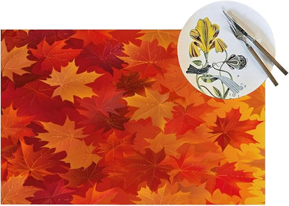 PVC Placemats Set of 4 Wipeable Table Mats Washable Heat Resistant Non Slip Vinyl Dining Table Mat for Kitchen Indoor Outdoor Patio Farmhouse Place Mats Orange Thanksgiving Maple Decorative