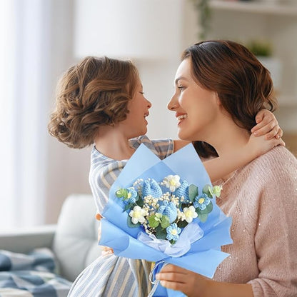 Crochet Flower Tulip Bouquet: Handmade Artificial Flower Knitted Sunflower Bouquet for Festival Wedding Graduation Anniversary (Blue)