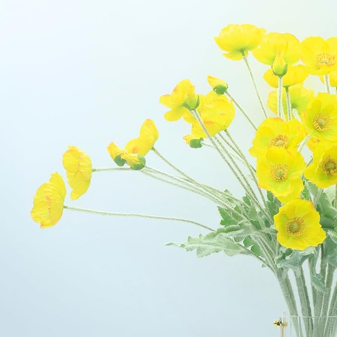 2 Pcs Artificial Fake Flowers Plants Poppies Silk Flower Arrangements Wedding Bouquets Decorations Plastic Floral Table Centerpieces for Home Kitchen Garden Party Decor Approx 23.6" High - Yellow