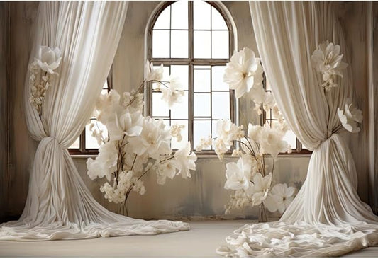 12x8ft Wedding Party Decorations Banner Backdrop Wedding Reception Photography Backdrop White Floral Flowers Curtains French Frame Photo Backgrounds Baby Shower Photo Shoot Portraits Props