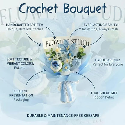 Crochet Flower Bouquet - Handmade Knitted Roses, Tulips & Cosmos with Eucalyptus - Hypoallergenic Everlasting Gift for Women, Mother's Day, Wedding