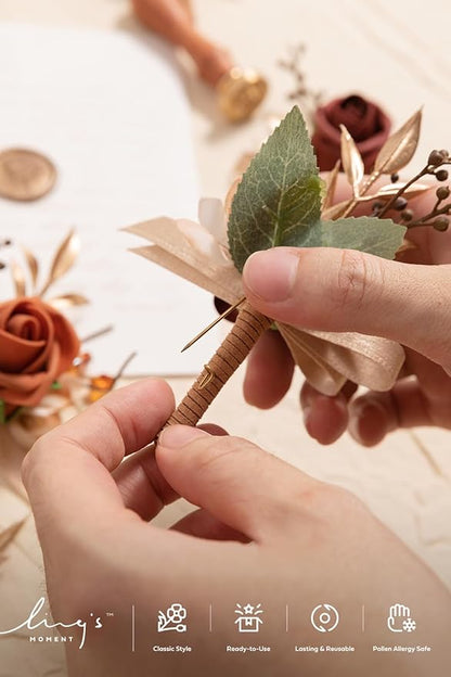 Ling's moment Boutonniere for Men, 6pcs Groom Groomsmen Boutonniere, Artificial Flowers for Wedding Decor/Prom/Homecoming, etc.Terracotta Orange