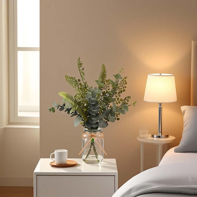 Artificial Eucalyptus Stems in Glass Vase with Faux Water, 13” Fake Plants Mix Eucalyptus Leaves with Lights, Faux Greenery Plants Decorations Home Office Farmhouse Wedding Centerpiece Décor