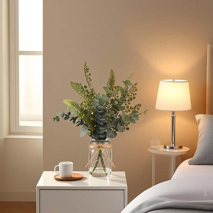 Artificial Eucalyptus Stems in Glass Vase with Faux Water, 13” Fake Plants Mix Eucalyptus Leaves with Lights, Faux Greenery Plants Decorations Home Office Farmhouse Wedding Centerpiece Décor