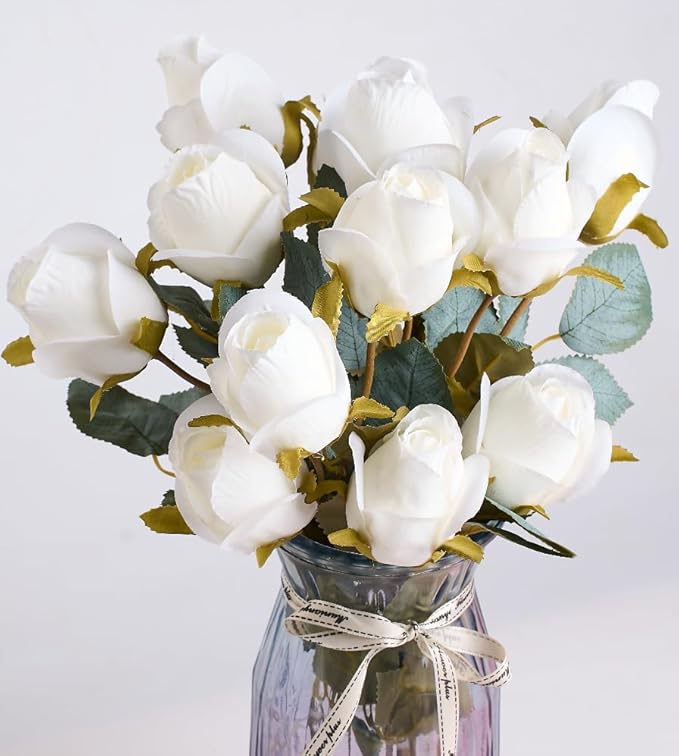 Rose Artificial Flower Buds 12pcs Realistic Faux Silk Roses Fake Flowers Bouquets Arrangements Decor for Wedding Spring Mother's Day, Home Table Decorations, Beige Flower