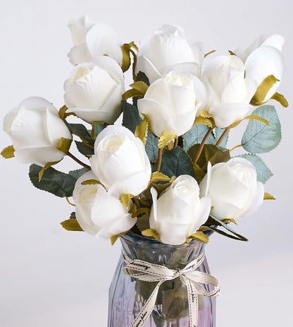 Rose Artificial Flower Buds 12pcs Realistic Faux Silk Roses Fake Flowers Bouquets Arrangements Decor for Wedding Spring Mother's Day, Home Table Decorations, Beige Flower