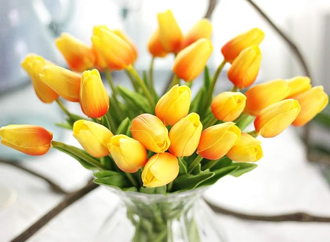 30pcs Artificial Tulips Flowers Real Touch Orange Tulips Fake Holland PU Tulip Bouquet Latex Flowers for Wedding Party Office Home Kitchen Decoration (Orange)