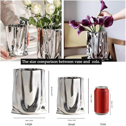 Ceramic Flower Vase, Crinkle Paper Shape, Silver Metal, Decorative Home Accent (Small)