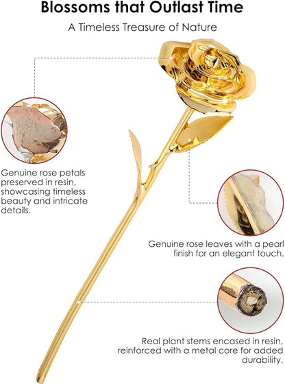 24K Gold Dipped Real Rose – Handcrafted, Elegant, One of a Kind – Romantic Gift for Her – Ideal for Birthday, Anniversary, Mother’s Day, Valentine’s (Gold)