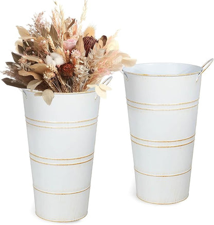 vensovo 12 Inch Galvanized Metal Vases for Flowers - 2 Pcs Farmhouse Decorative Tall Flower Bucket with Handles, Rustic French Tin Planter Buckets for Wedding Decor (White)