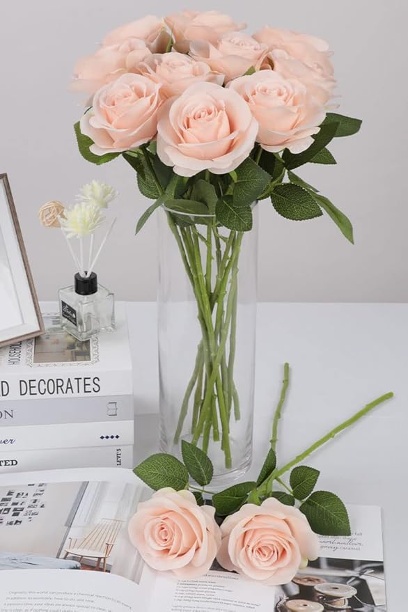 30pcs Roses Artificial Flowers Pink Fake Roses Flowers with Long Stems Silk Flowers for Wedding Bouquet Centerpices Decorations Party Bridal Baby Shower Home Decor