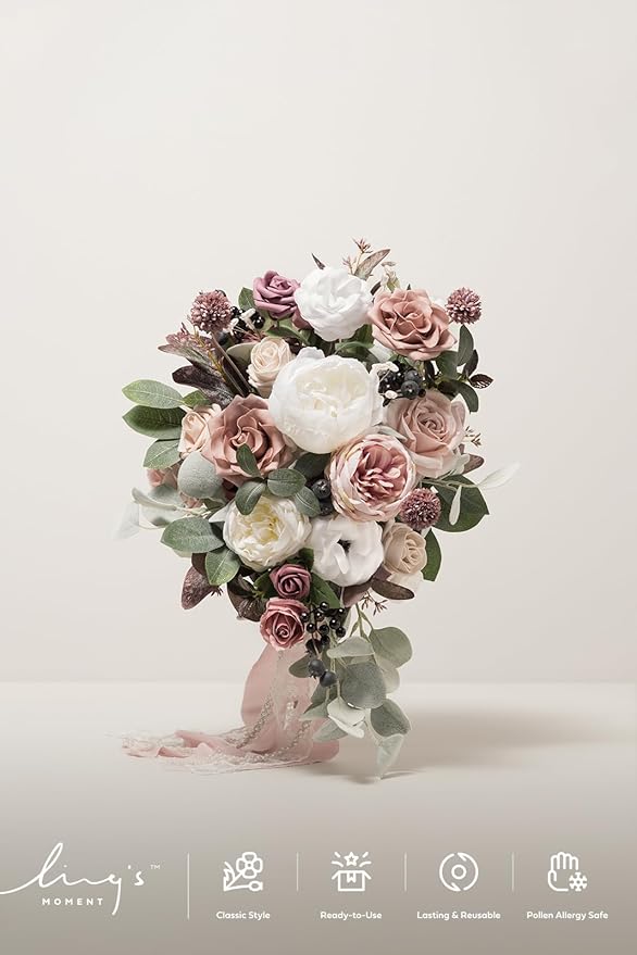 Ling's moment Pink Wedding Bouquets for Bride, Dusty Rose and Mauve Bridal Bouquets for Bride, 15 Inch Free Form Artificial Wedding Flowers Bouquets