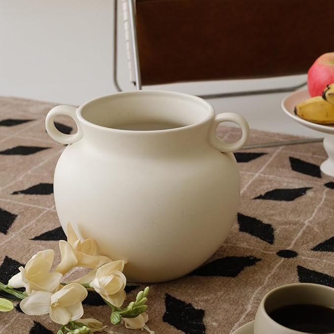 Round-Shape with Ear Wide Mouth Vase, Honey Pot-Shaped Decorative Plant Pot, No Drainage Hole (Crème)
