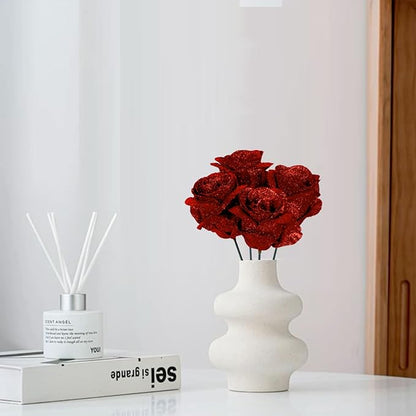 Glitter Roses,30PCS Fake Red Roses Glitter Flowers Bouquet Artificial Roses with Stems for DIY Crafts Wedding Bouquet Party Home Decor(Red)